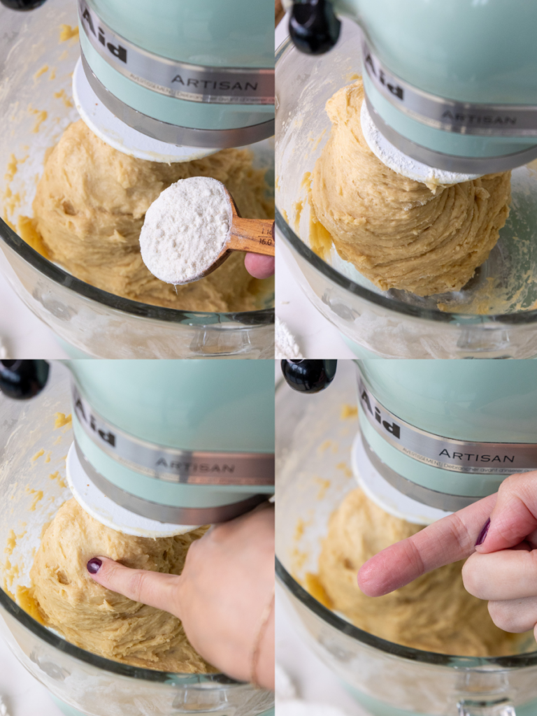 image of additional flour being mixed into brown butter cinnamon roll dough