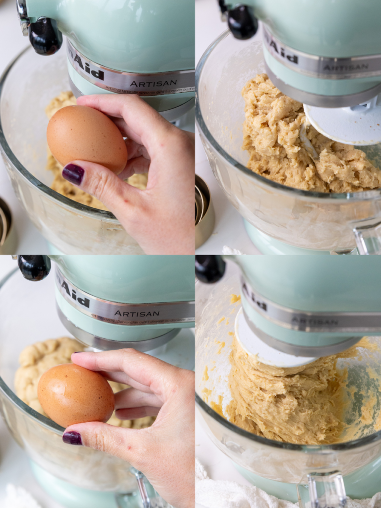image of eggs being mixed into brown butter cinnamon roll dough