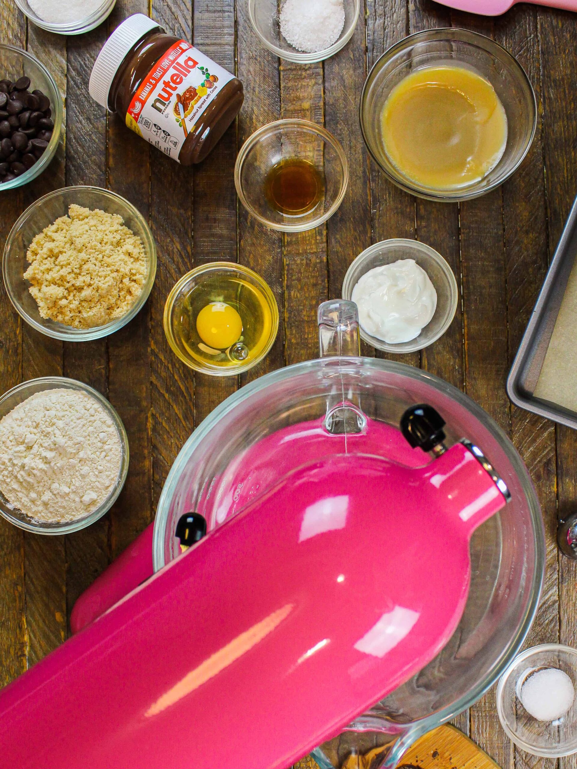 image of ingredients laid out to make salted brown butter nutella stuffed chocolate chip cookies