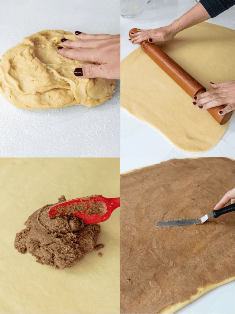 image of brown butter cinnamon roll dough being rolled out and filled with brown butter cinnamon filling