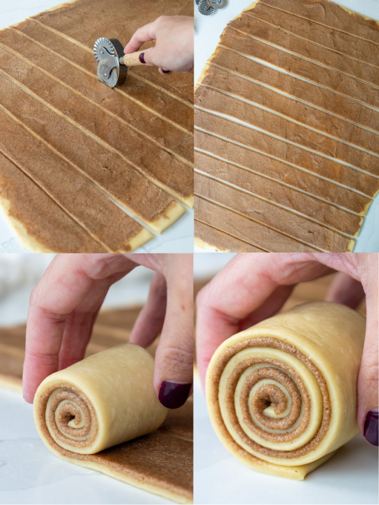 image of brown butter cinnamon rolls being cut and rolled