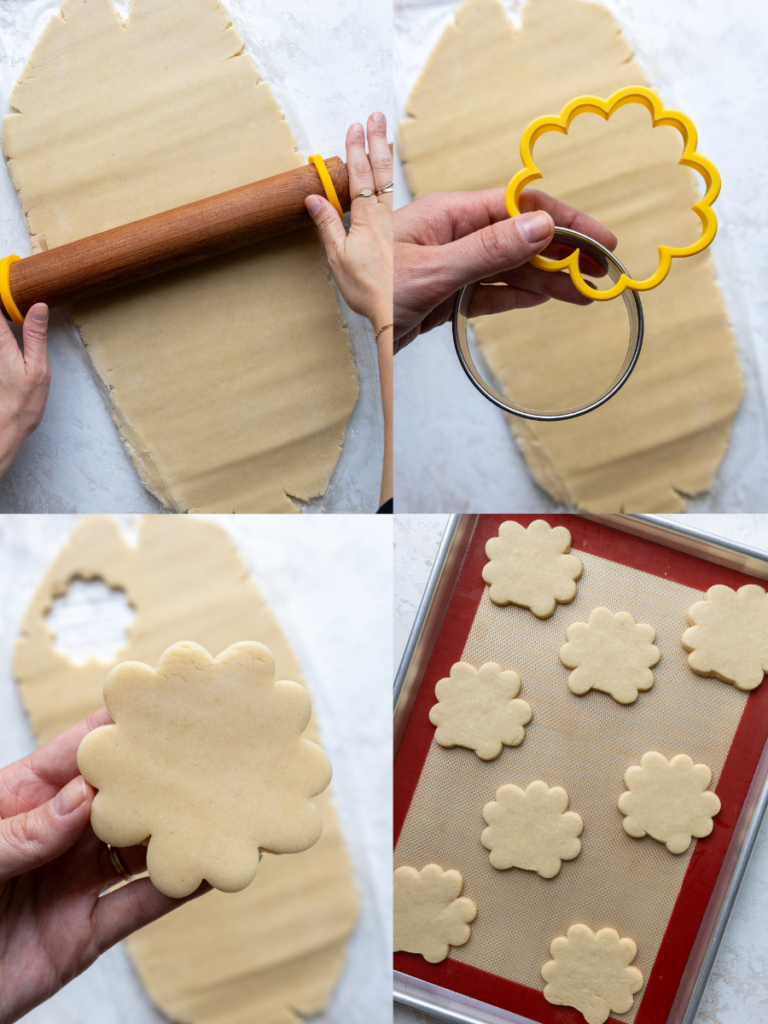 image of cream cheese sugar cookie dough being rolled out and cut to make turkey sugar cookies