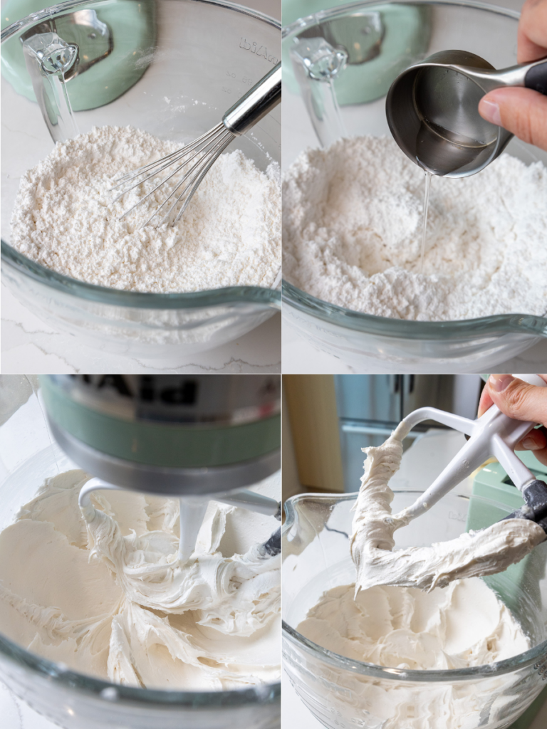 image of vanilla royal icing being made in a stand mixer with a paddle attachment