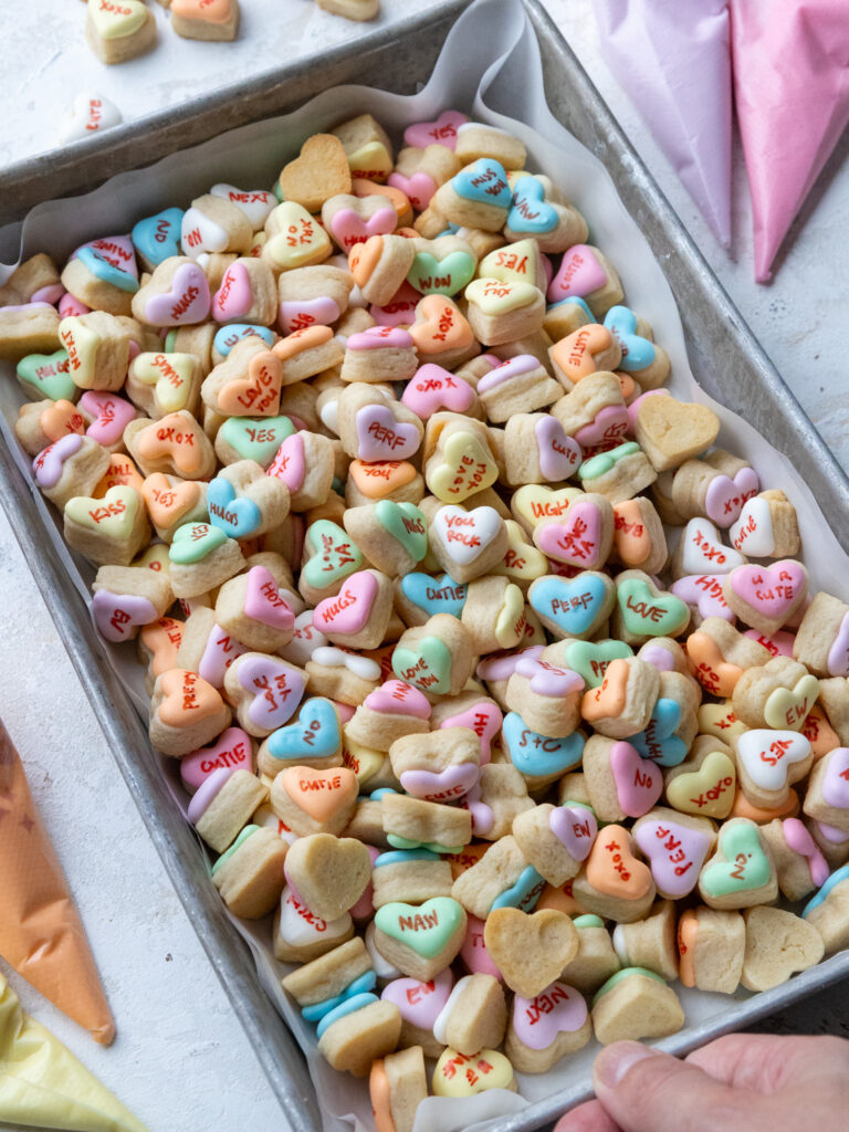 image of mini conversation heart cookies