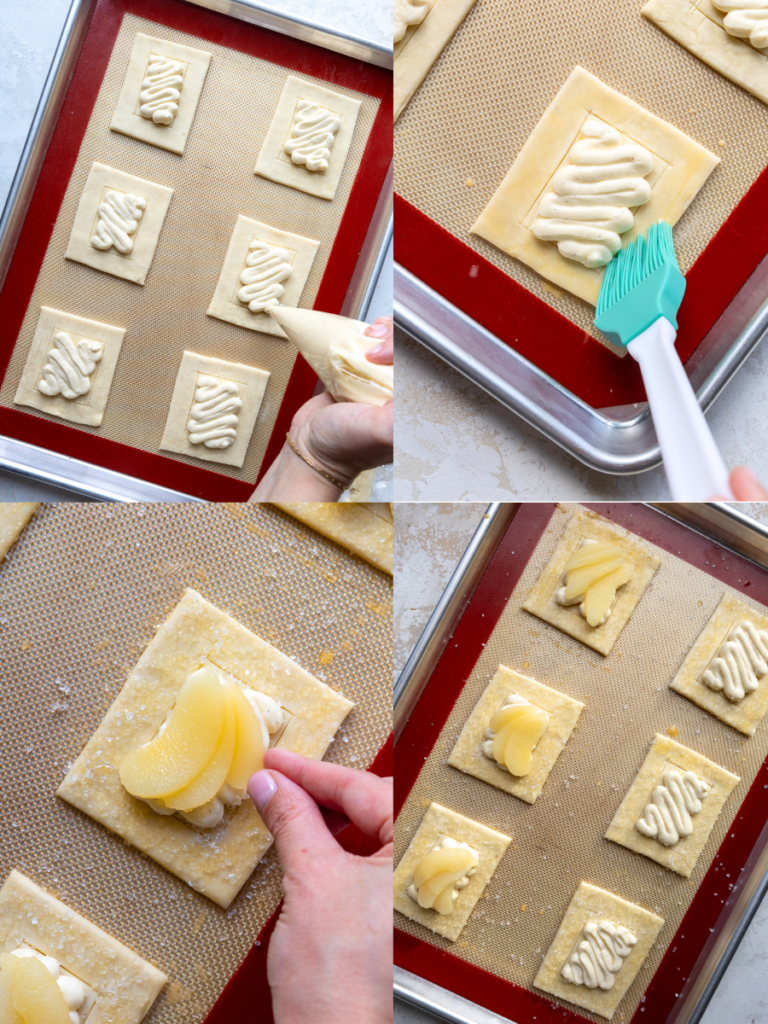 image of puff pastries being egg washed before being baked