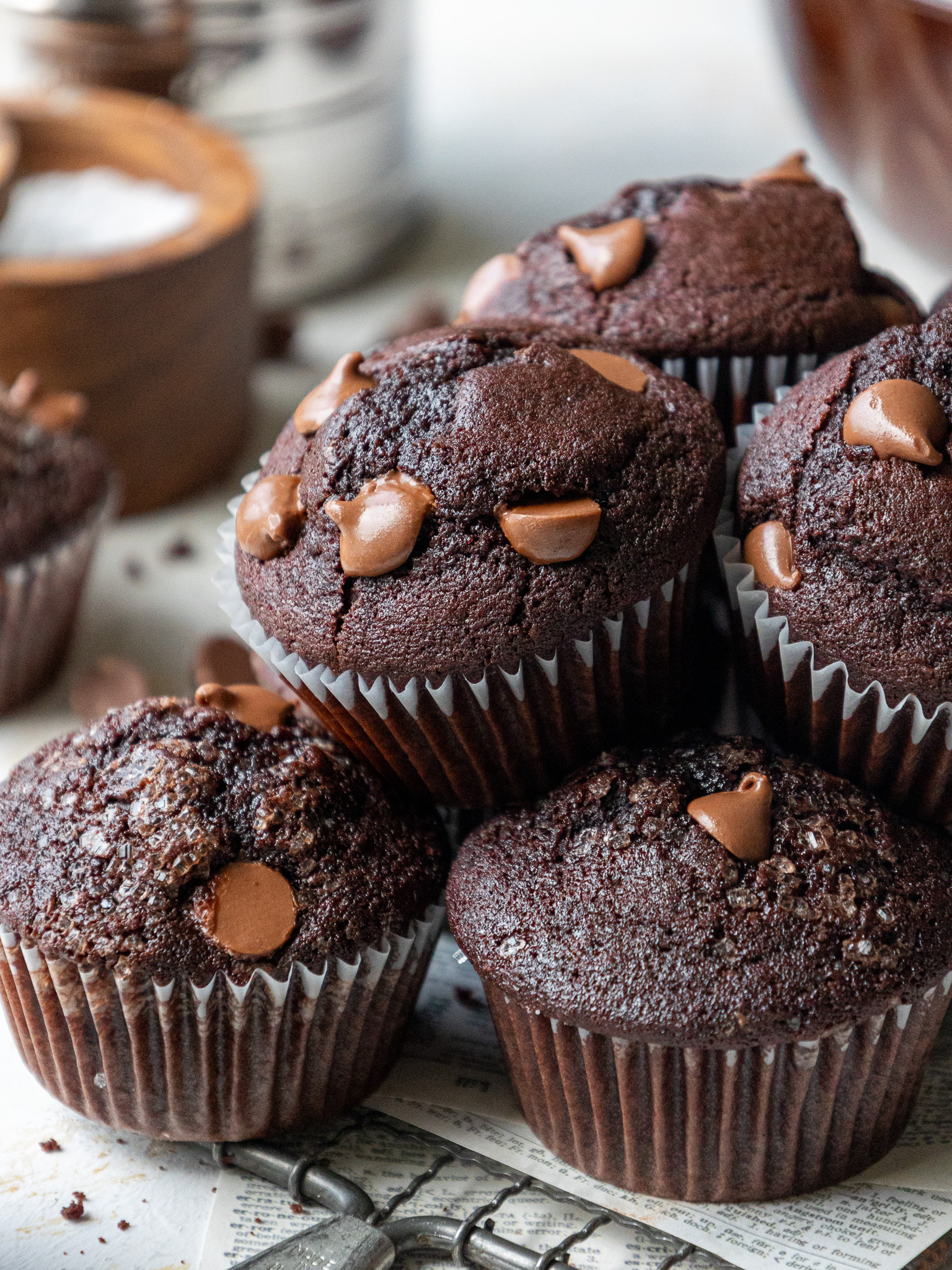image of double chocolate muffins that have been stacked on top of each other