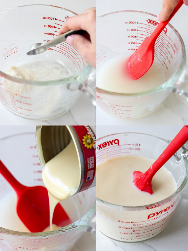 image of a sweetened condensed milk mixture being made for a jello rainbow cake