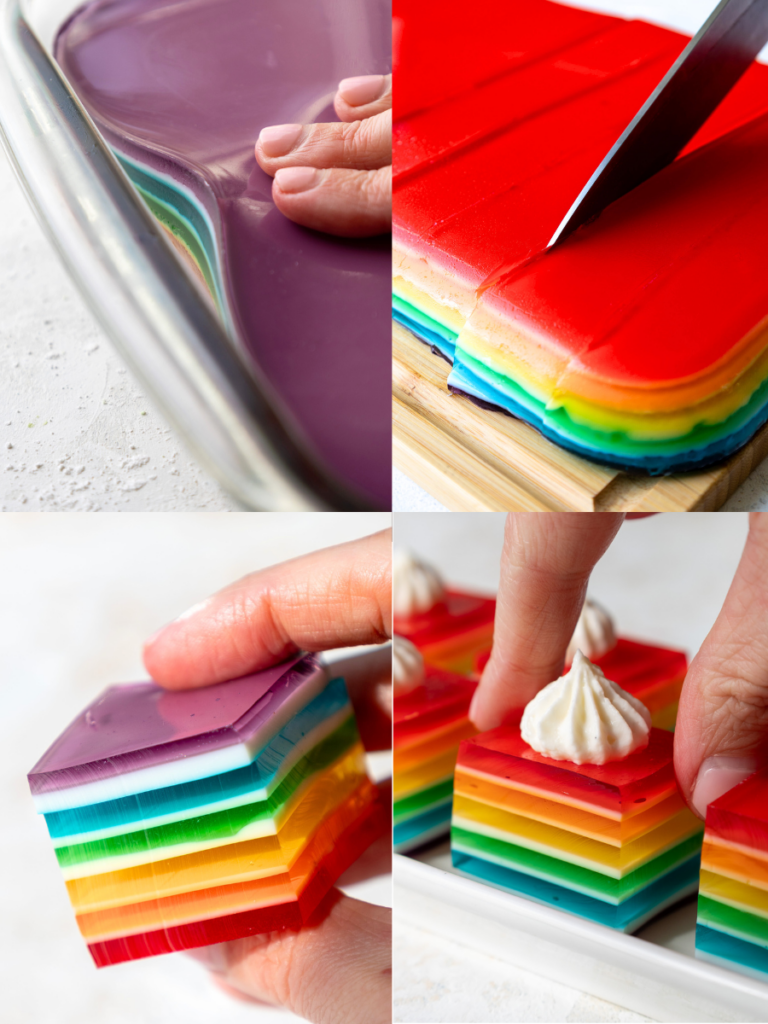 image of rainbow jello cake being cut into small squares