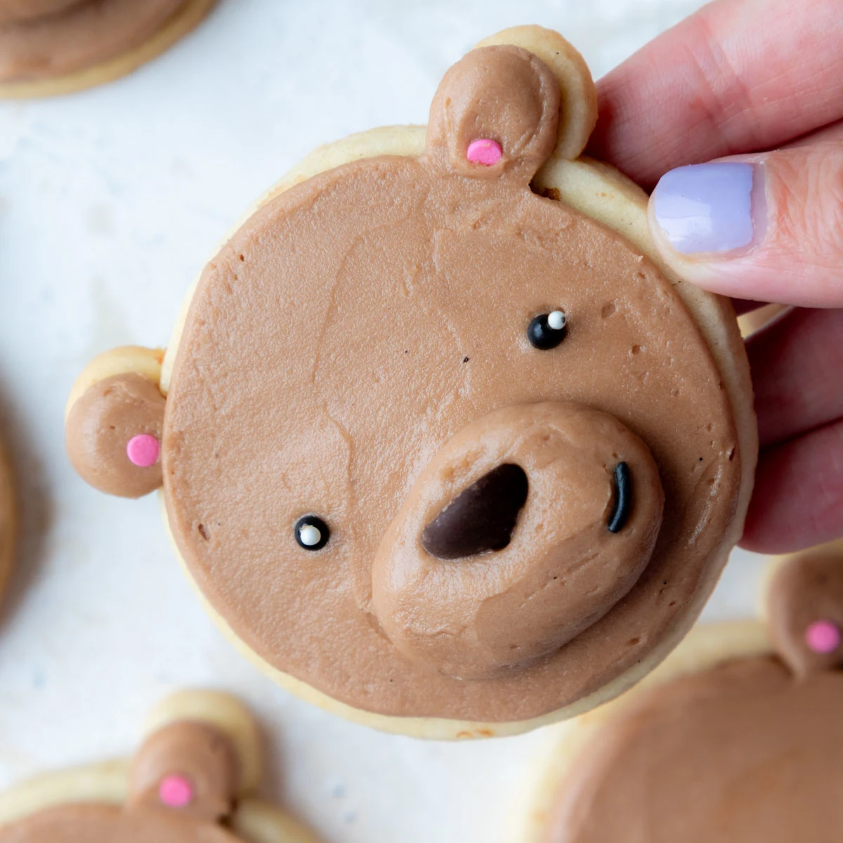image of a cute teddy bear cookies that's been decorated with chocolate buttercream