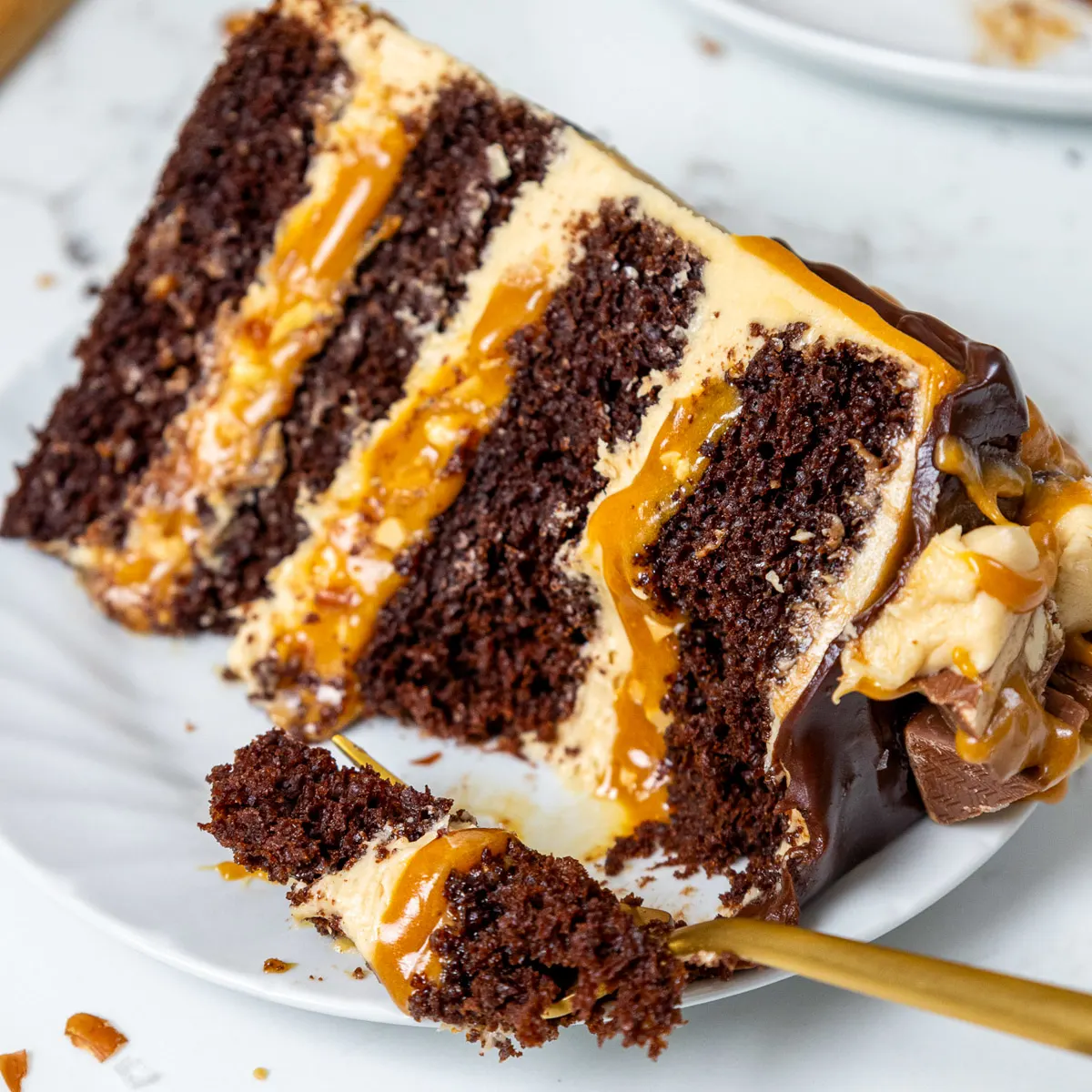 image of a slice of chocolate snickers cake on a plate
