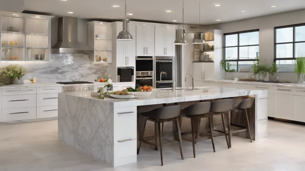 Large open-concept kitchen with a marble-top island and bar seats, white finished storage cabinets along the walls, and natural lighting giving a modern yet homey feel