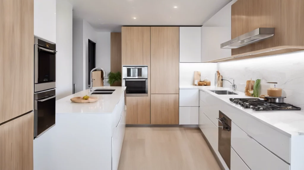 A galley kitchen with a mix of wood and white finishes, giving it a modern yet homey feel