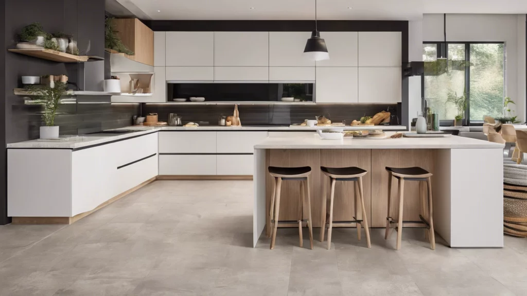 Modern kitchen in an l-shape, with white cabinets, a bar-seating area at the end, and black finishes