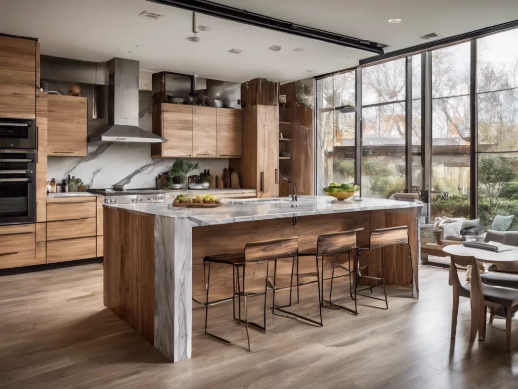 Mix of modern and classic kitchen. Wooden finishes with marble countertops and a full-window wall to the backyard