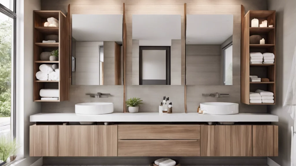 Highlighting storage in a bathroom featuring wooden vanities, shelves, and Jack & Jill sinks
