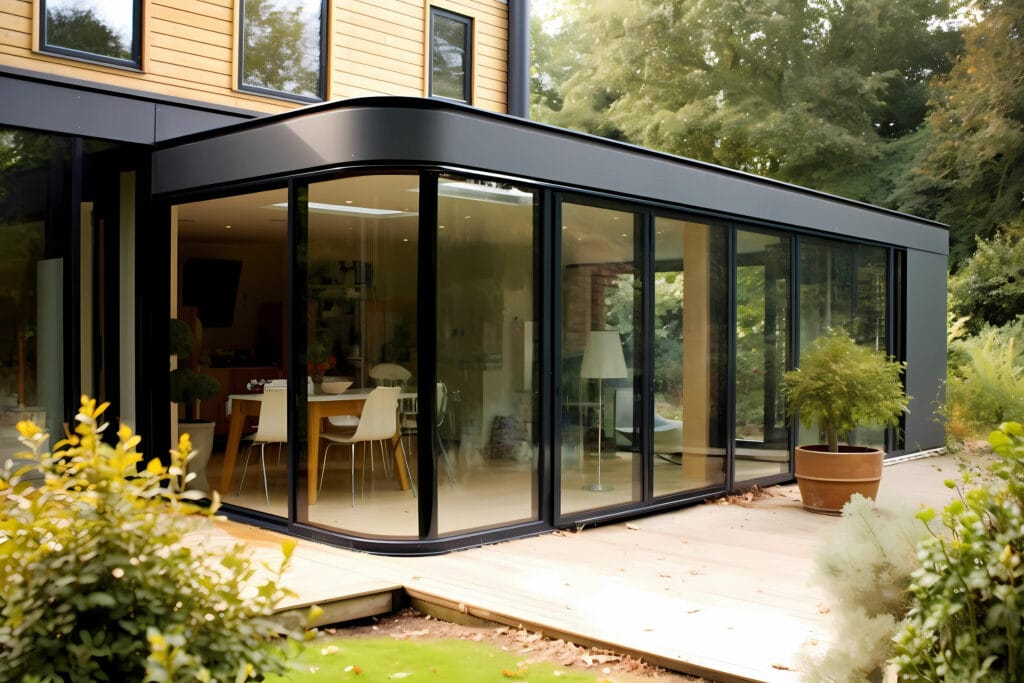 A newly built addition on the back of a house, with a wrap-around windowed wall