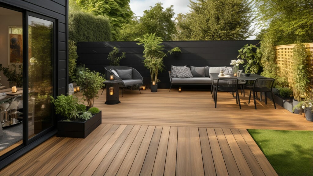 Backyard space, with a large open patio and seating area, renovated for functionality and entertaining