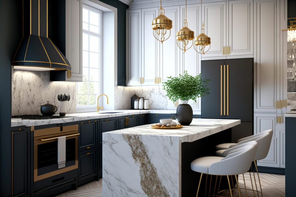 Luxurious kitchen, with marble countertops. an island, dark blue cabinets, gold finishes, and a modern feel