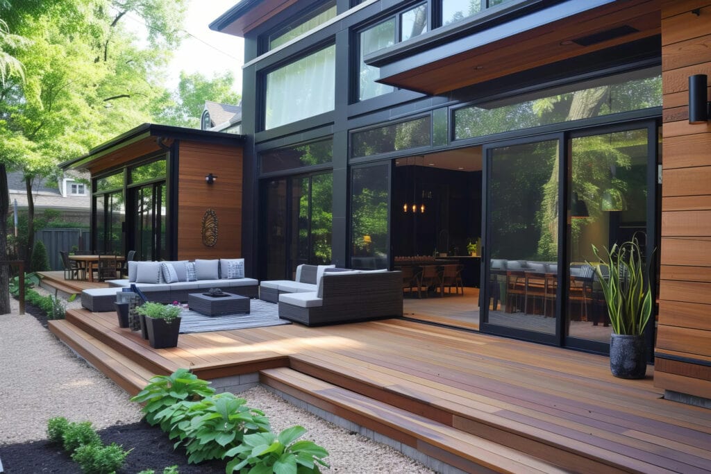 A windowed backroom addition, walking out to a modern wooden deck with a patio furniture setup