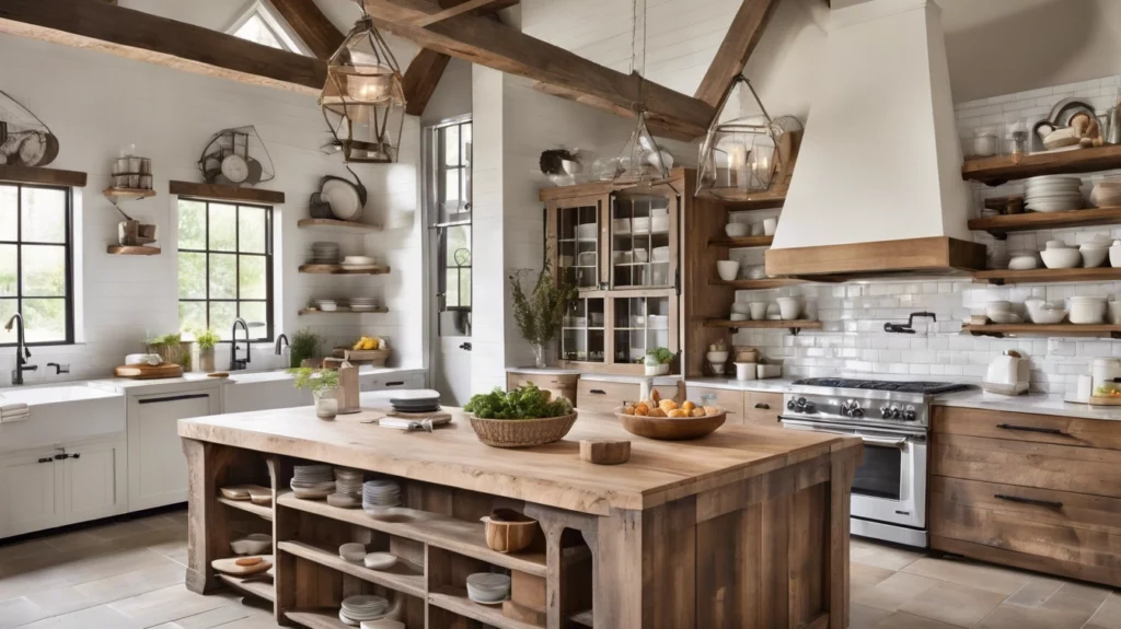 A farmhouse kitchen, featuring a mix of wood finishes and modern touches. Large island in the middle, lots of storage and high ceilings.