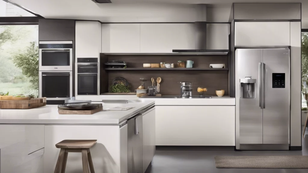 A modern kitchen with new appliances, an island, storage shelves, and white cabinets and countertops