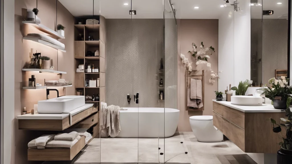 modern bathroom, with a standing tub, and Jack & Jill vanities on opposite sides of the room, with a warm feel
