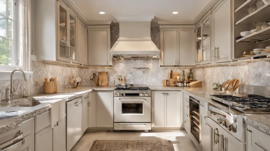 A u-shaped kitchen with white cabinets, gold finishes, matching appliances, and lots of lighting