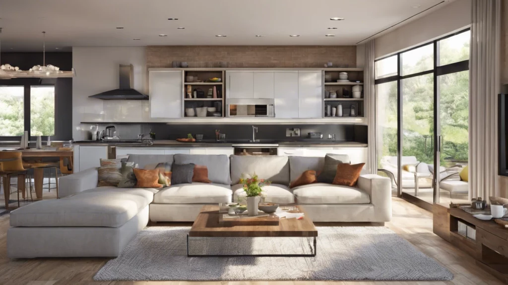 Open concept kitchen and living room space, with brick walls, a large windowed-wall to the backyard, and lots of open space