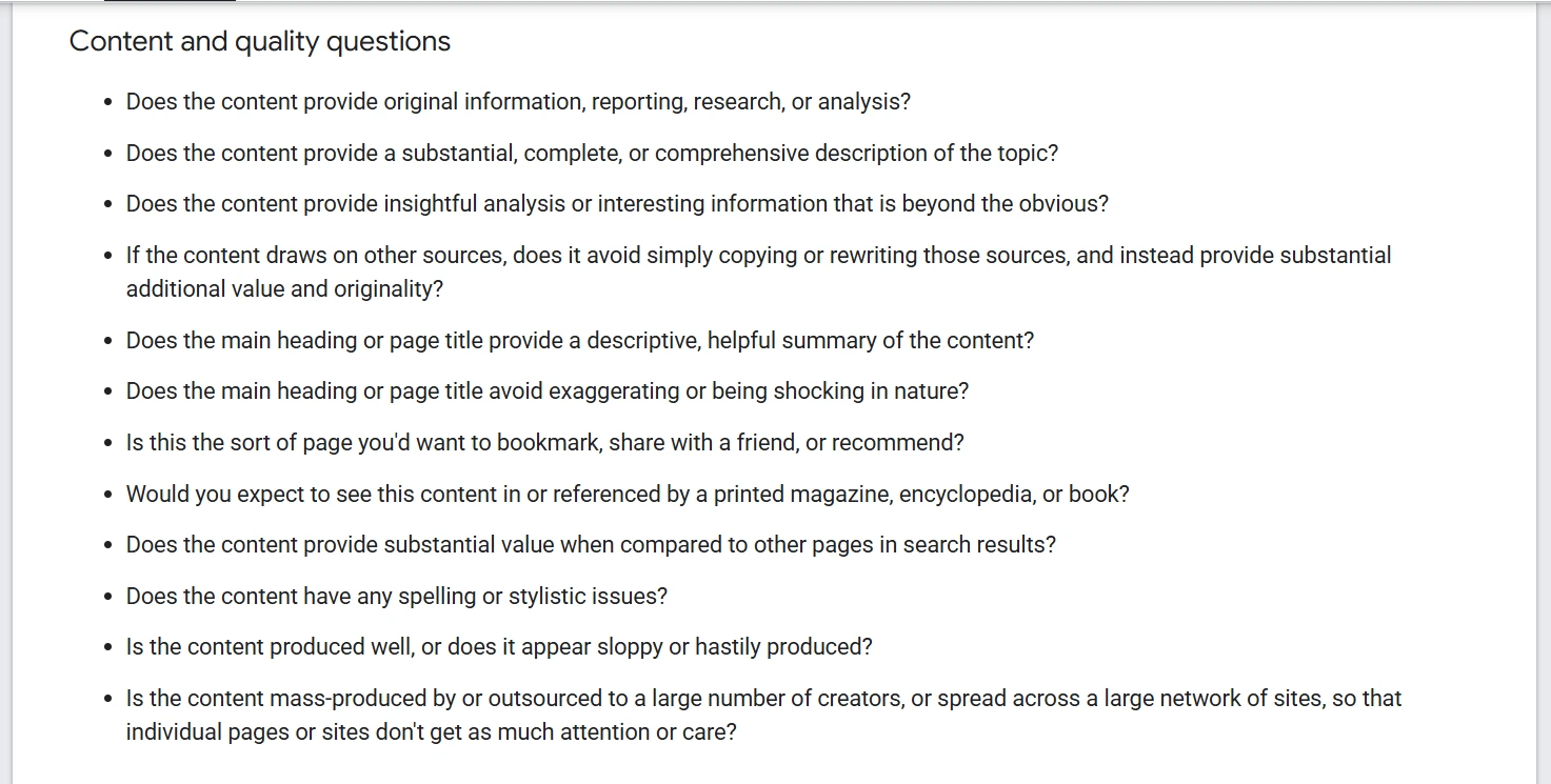 Screenshot of Google's content and quality questions, outlining factors for evaluating helpful content. The list includes criteria such as originality, depth, analysis, value, readability, and production quality.