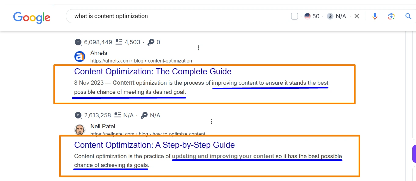 Screenshot of Google search results for 'what is content optimization,' showing top-ranking articles from Ahrefs and Neil Patel. The titles and descriptions of both articles discuss content optimization and its benefits, with key phrases highlighted.