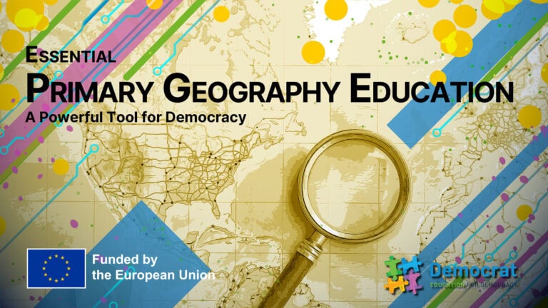 A visually engaging representation of geography education, illustrating exploration, maps, and spatial understanding