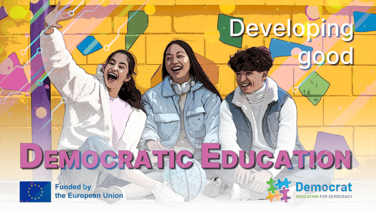 A diverse group of young people collaborating in a democratic education workshop, discussing civic engagement and participatory learning.