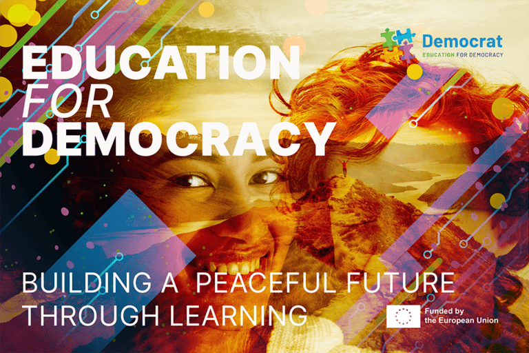 Two young citizens superimposed on a winding wilderness path, representing education for democracy guiding the way to a peaceful future.