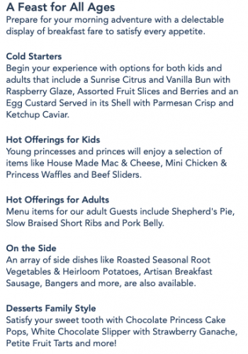 Disney Princess Breakfast Adventures in Napa Rose Menu