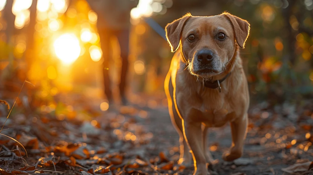 A chocolate-hued canine, sporting a stylish collar, amicably ambles toward the camera along a leaf-strewn forest pathway kissed by sunset's warm glow. The faint silhouette of their companion softens in the distance, their arms laden with delectable East Bay Treats - perfect nibbles for your four-legged friend on such adventure-filled outings. - Dogtrekker