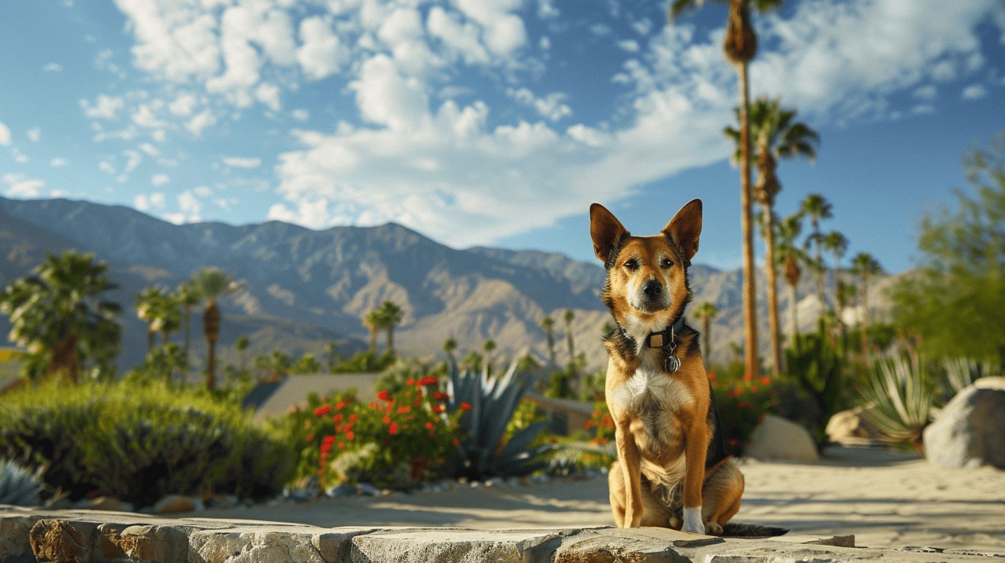 A dog perches on a stone wall amid the arid expanse of Palm Springs, with tall palm trees standing against a backdrop of rugged mountains. The partly cloudy sky allows beams of bright sunlight to illuminate the landscape around them.