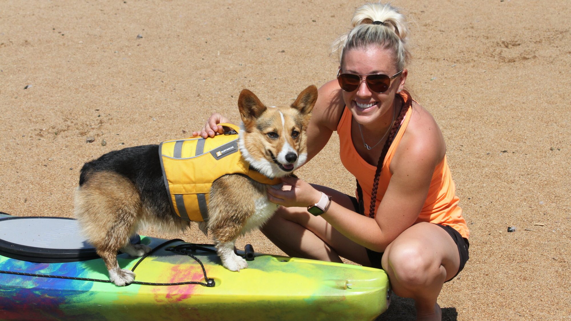 Woman and dog at Fall Wild Blue camp.
