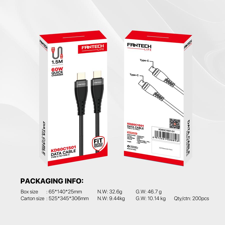 Fantech Kabel Data Type C to C 60W Kabel Fast Charging 1.5M Support for Iphone Samsung Oppo Vivo Xiaomi Huawei Infinix Poco Tecno KD60C1501