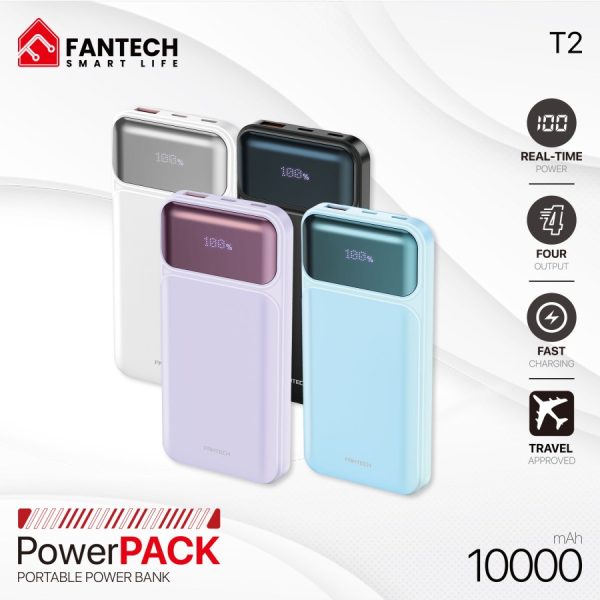 Fantech Powerbank Pesawat 22.5W 10000 mAh Fast Charging Mini LCD with Kabel Data Type C USB Lightning - PowerPack T2 Black Anniversary 16th
