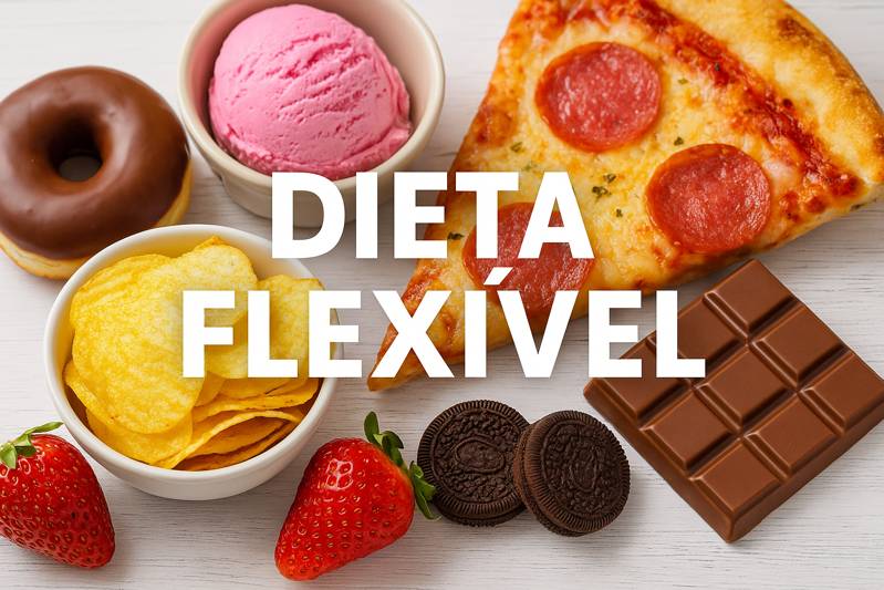 Prato com pizza, sorvete, chocolate e outros alimentos diversos representando a liberdade da dieta flexível."