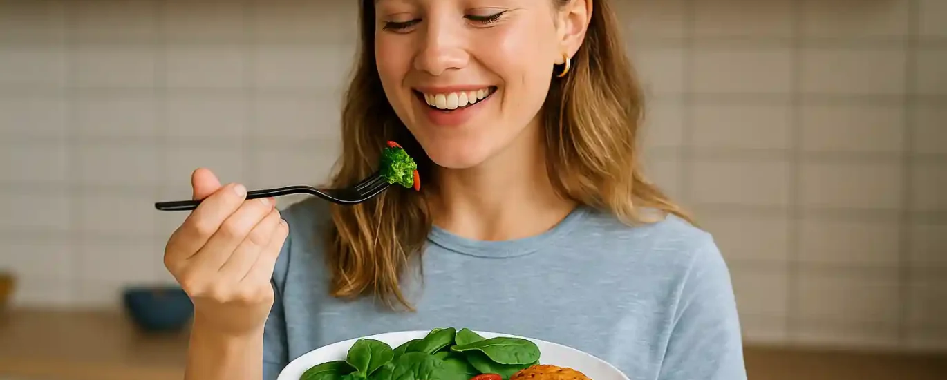 Mulher sorridente segurando um prato de comida low carb com vegetais e proteína, em uma cozinha iluminada e moderna, imagem em formato paisagem