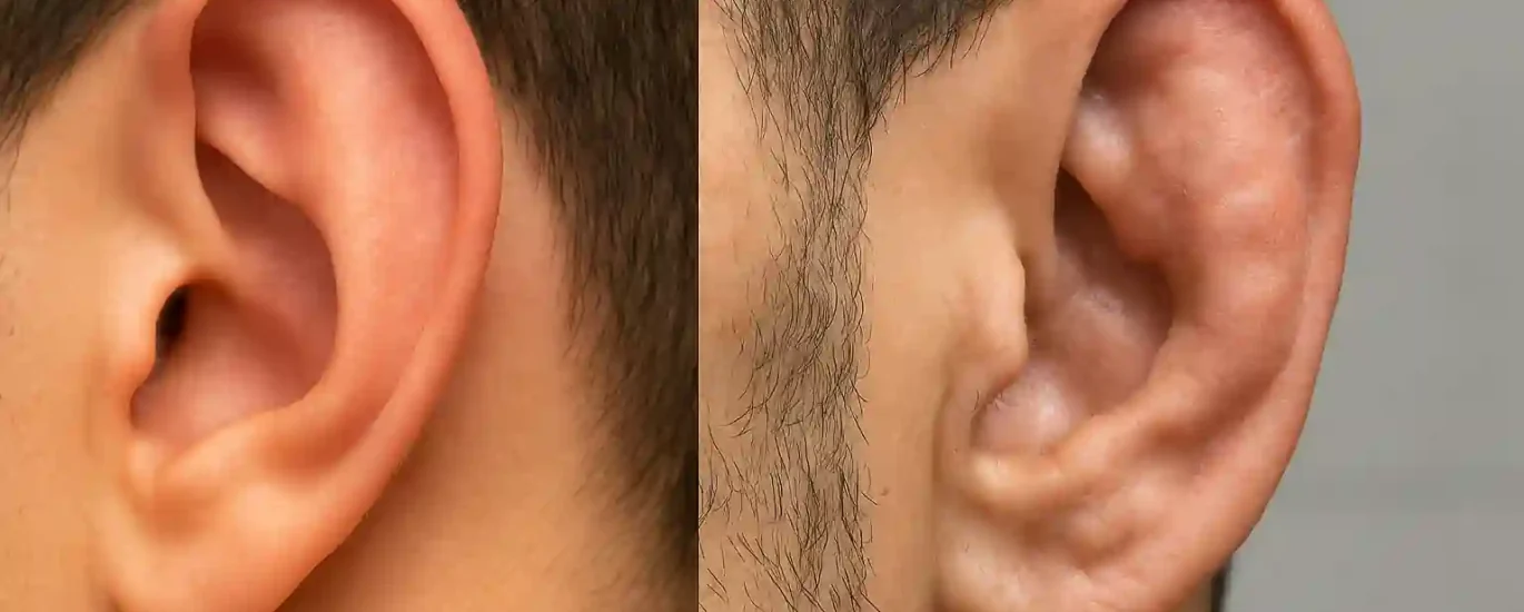 Comparação realista entre uma orelha normal e uma orelha de jiu jitsu causada por treinos intensos de Jiu-Jitsu, destacando as deformações típicas em praticantes de artes marciais.