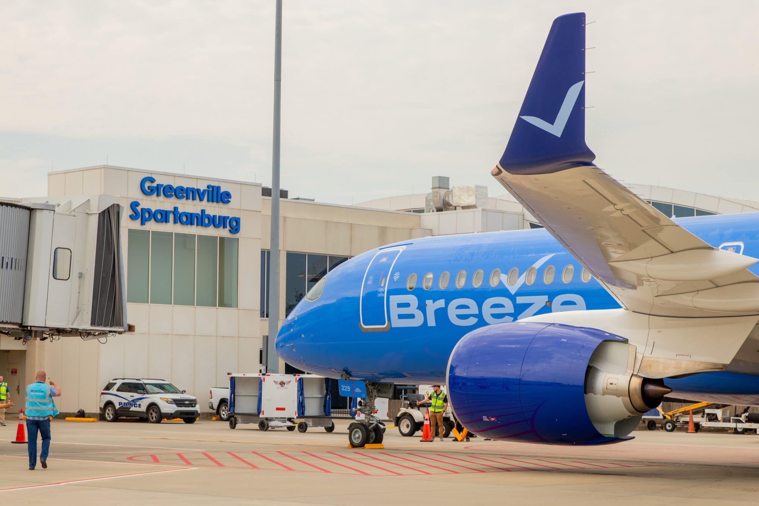 Breeze aircraft parked at gate at Greenville-Spartanburg
