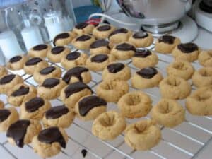 Image shows orange chocolate shortbread cookies on a wire cooling rack.