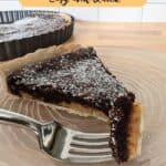 Image shows easy to make chocolate caramel tart.