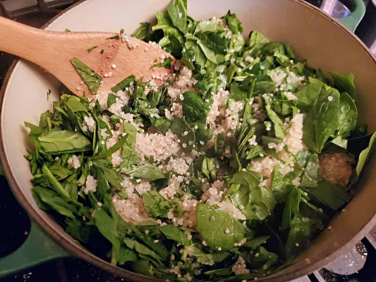 Stirring spinach leaves into cooked quinoa.