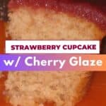 Image shows close-up picture of half-eaten strawberry cupcake.