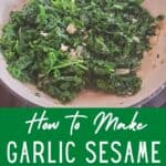 Three quarter angle of most of a plate with meat rice and greens in the forefont with text simple sauteed Asian kale.