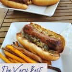 Bratwurst on a plate with sweet potato fries.