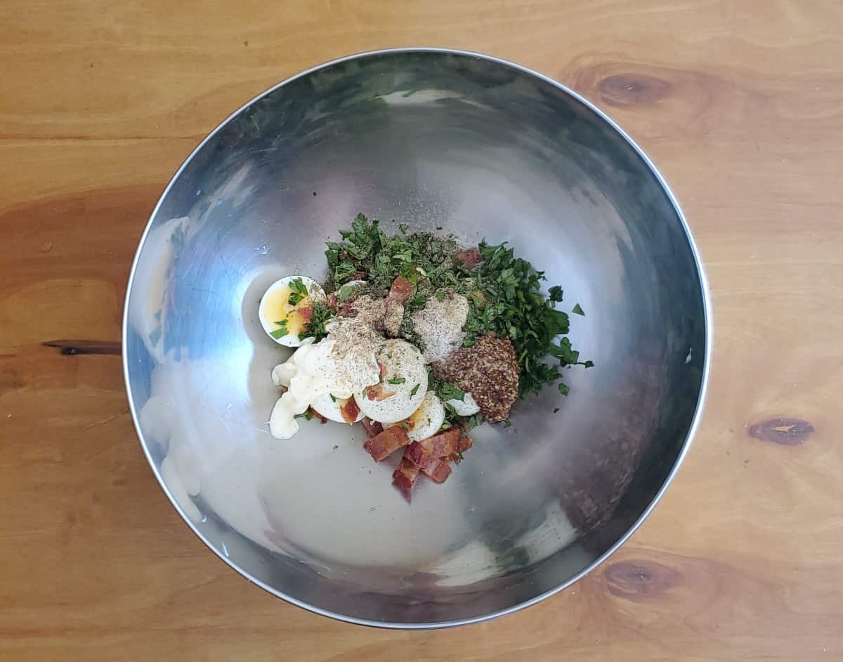 Bacon Egg Salad ingredients in a bowl